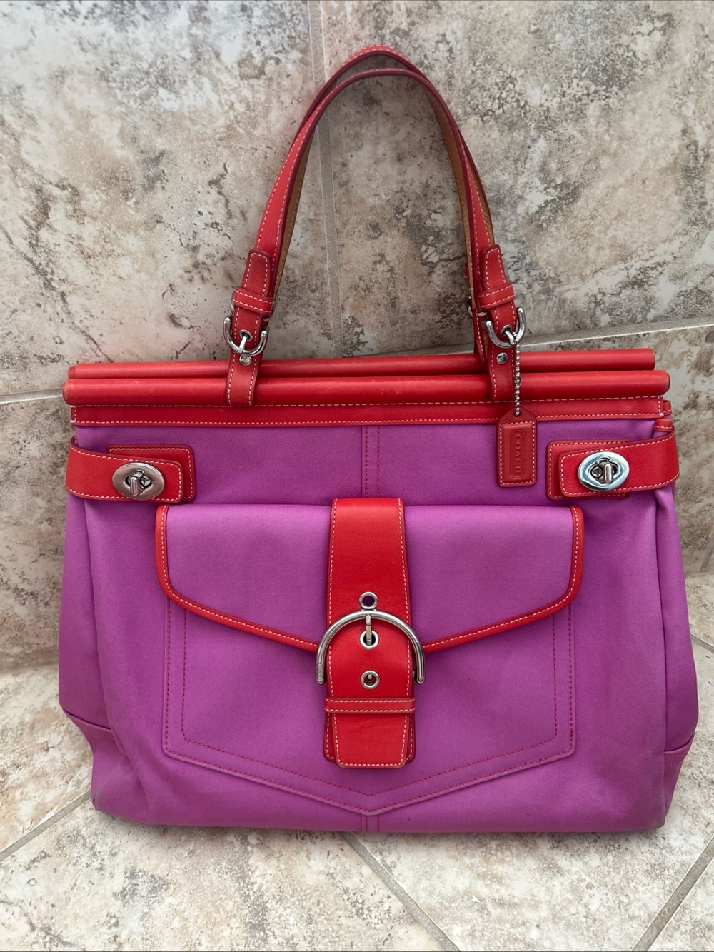 Coach A043 - 9367 Pink Canvas Red Leather Turnlock Tote